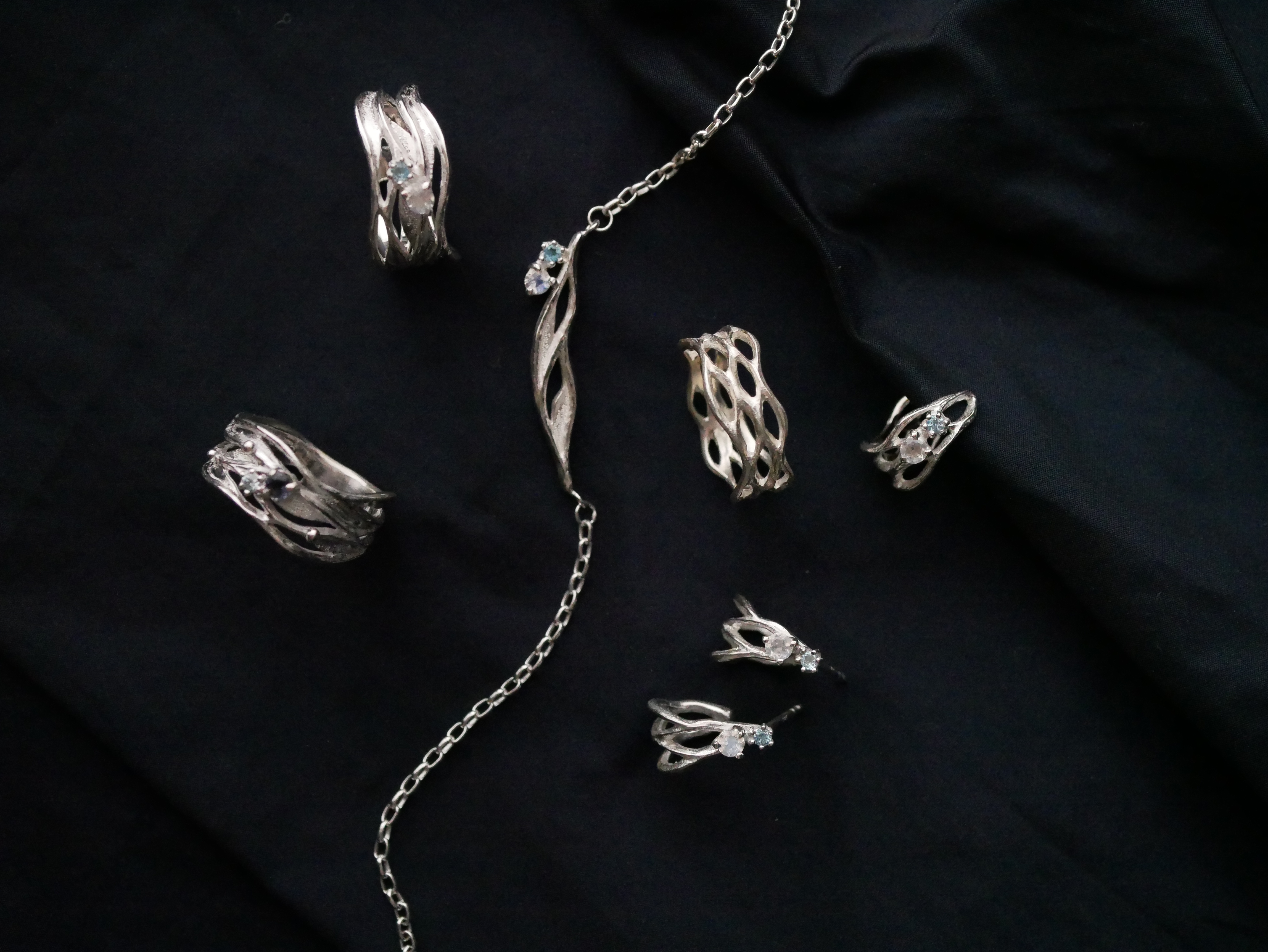 天の川モチーフのSilver925製とブルーダイヤモンドとタンザナイトのリングとネックレスとピアスのイメージ